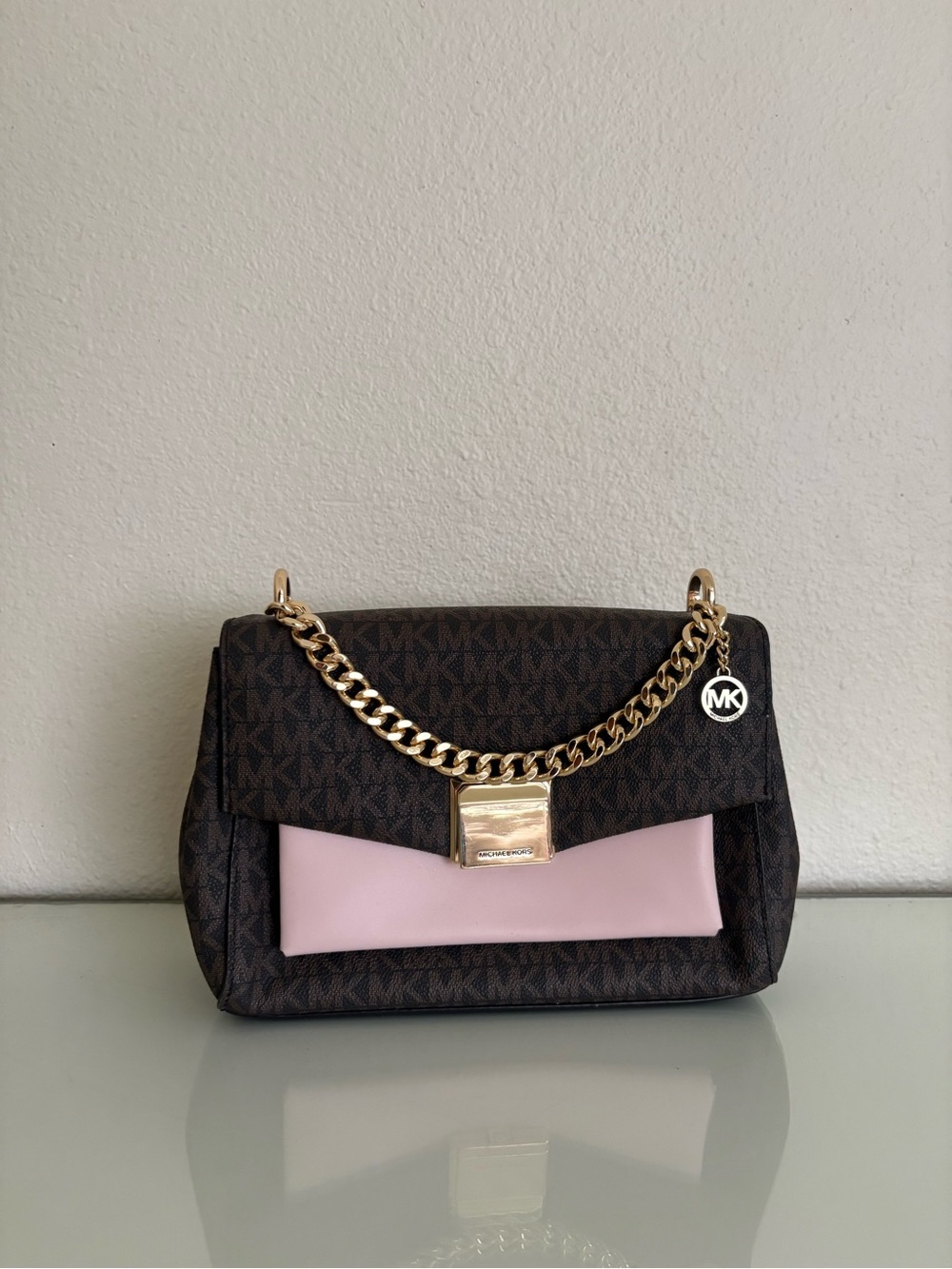 Michael Kors Pink & Brown Logo Chain-Handle Shoulder Bag